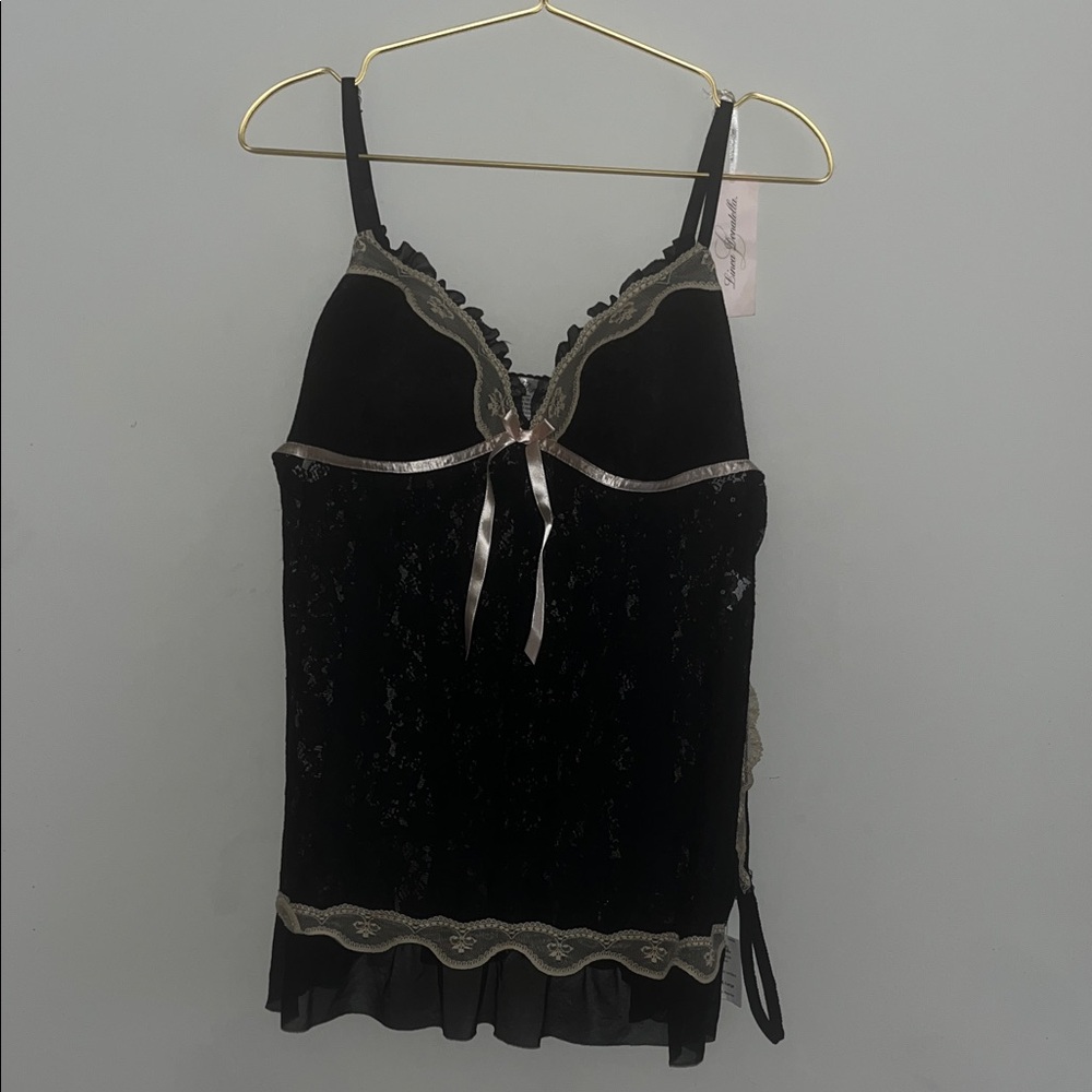 Black Lace Babydoll Lingerie with Gold Accents and matching panty.